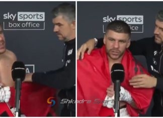 Gjesti emocionues i trajnerit grek! Momenti kur ai nuk lejon që flamuri shqiptar të bjerë përtokë dhe i’a hedh mbi supe Markut